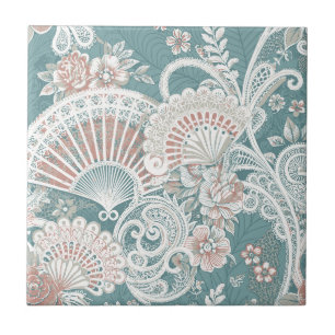 Elegant Vintage Victorian Fans Floral Lace Teal Ceramic Tile