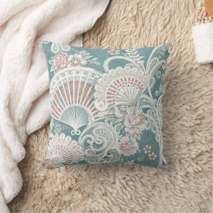 Elegant Vintage Victorian Fans Floral Lace Teal Throw Pillow