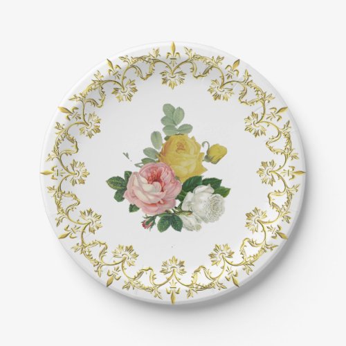 Elegant Vintage Victorian Yellow Pink White Roses  Paper Plates