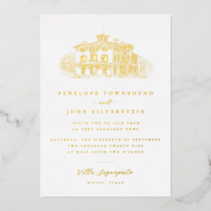 Elegant Vintage Villa Illustration Gold Wedding Foil Invitation