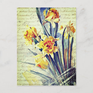 Elegant Vintage Watercolor Art Yellow Daffodils Postcard