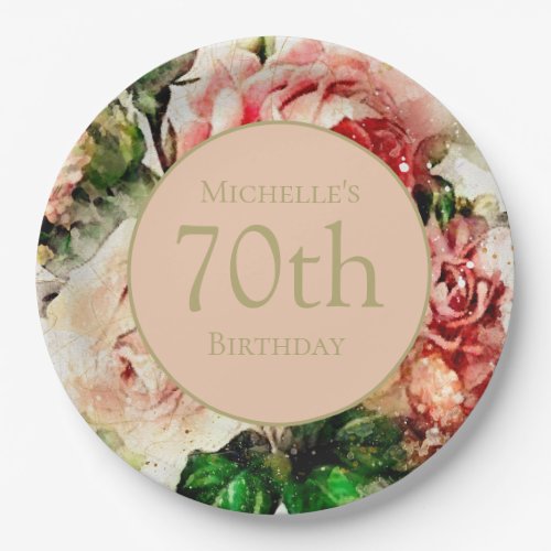 Elegant Vintage Watercolor Floral 70th Birthday   Paper Plates