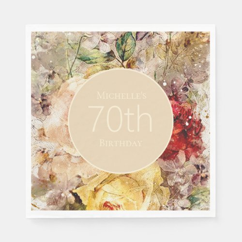 Elegant Vintage Watercolor Flowers 70th Birthday  Napkins