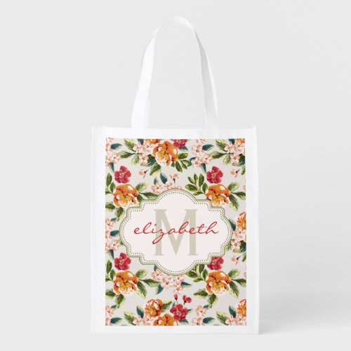 Elegant Vintage Watercolor Flowers Monogrammed Reusable Grocery Bag