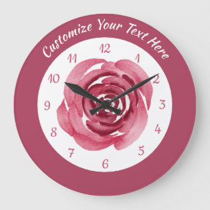 Elegant Vintage Watercolor Pink Rose Personalize Large Clock