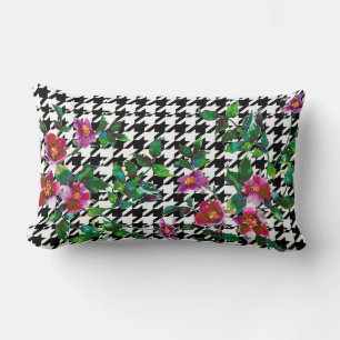 Elegant vintage watercolor pink roses houndstooth lumbar pillow