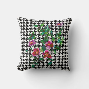 Elegant vintage watercolor pink roses houndstooth throw pillow