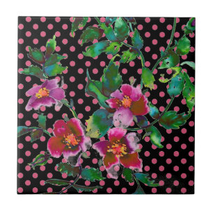 Elegant vintage watercolor pink roses polka dots tile