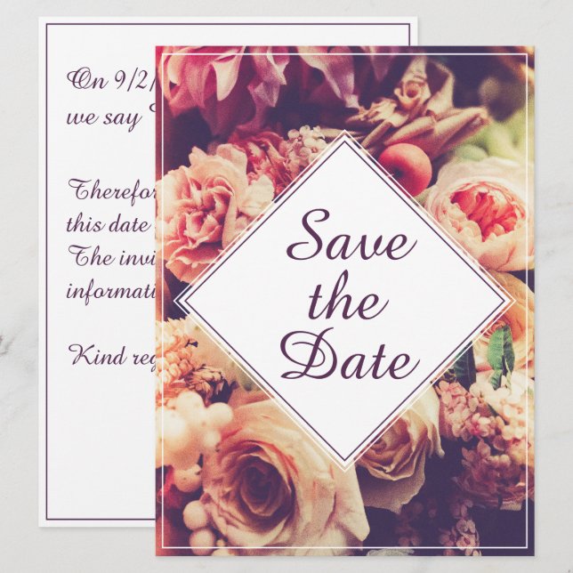 Elegant Vintage Wedding Announcement, Flower Motif (Front/Back)