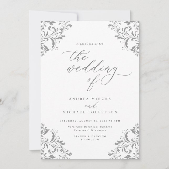 Elegant Vintage Wedding Gray Silver Invitation (Front)