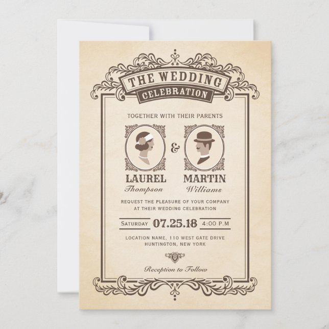 Elegant Vintage Wedding Invitation | Bride & Groom (Front)