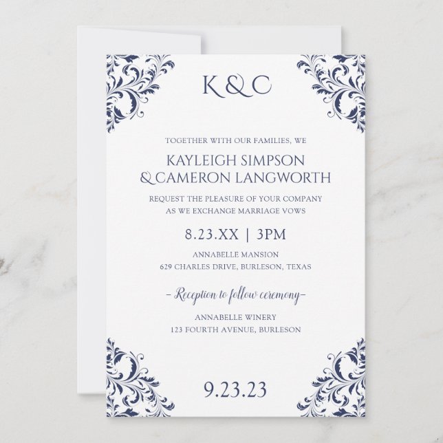 Elegant Vintage Wedding Invitation | Navy 2 (Front)