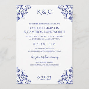 Elegant Vintage Wedding Invitation   Royal Blue
