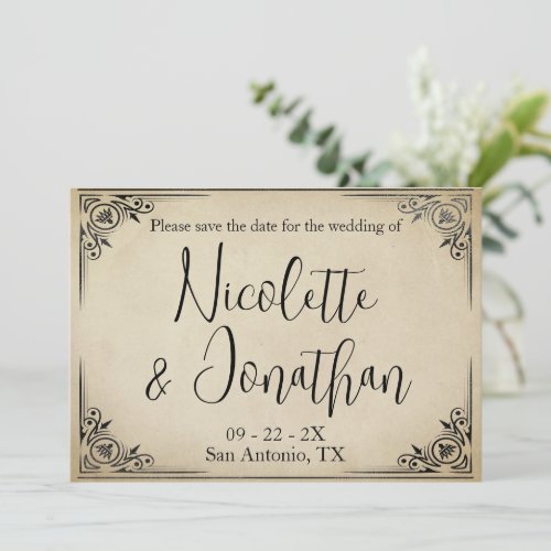 Elegant Vintage Wedding on Faded Beige Parchment Save The Date