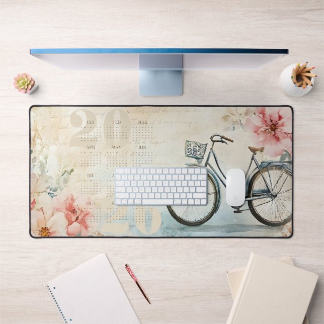 Elegant Vintage Whimsical Bicycle Calendar 2026 Desk Mat (Office 1)