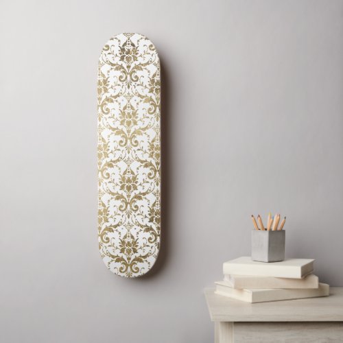 Elegant vintage white faux gold floral damask skateboard