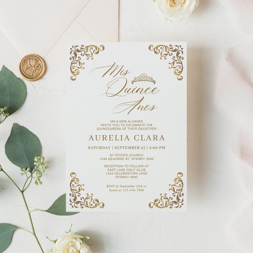 Elegant Vintage White Gold Mis Quince Quinceaera Invitation