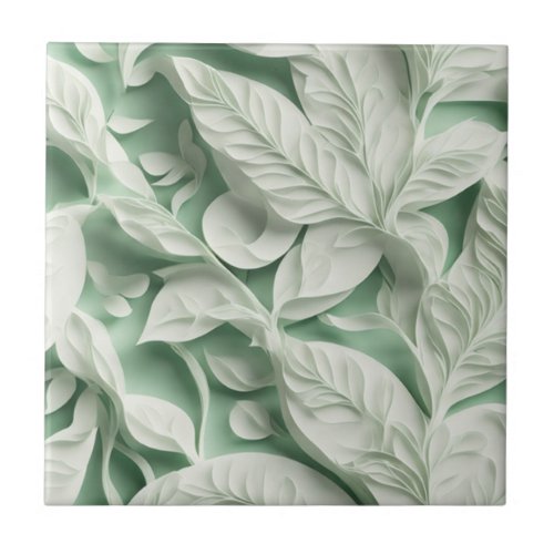 Elegant vintage white green botanical leaf pattern ceramic tile