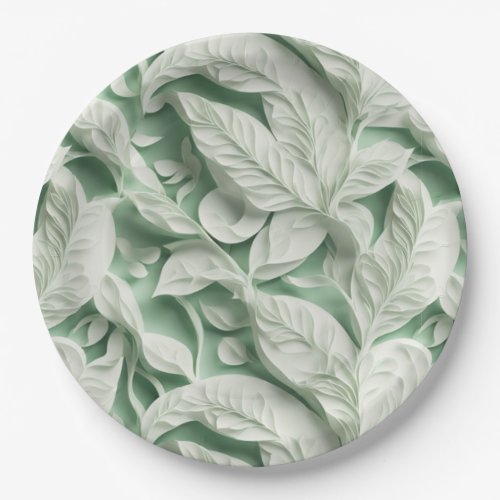 Elegant vintage white green botanical leaf pattern paper plates