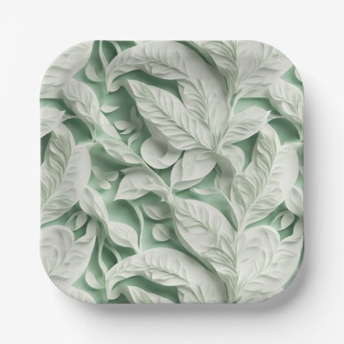 Elegant vintage white green botanical leaf pattern paper plates