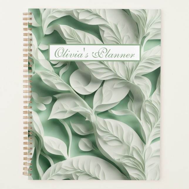 Elegant vintage white green botanical leaf pattern planner (Front)