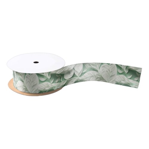 Elegant vintage white green botanical leaf pattern satin ribbon