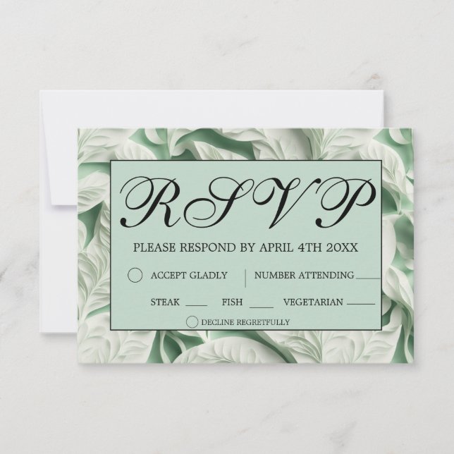 Elegant vintage white green leaf  calligraphy RSVP card (Front)