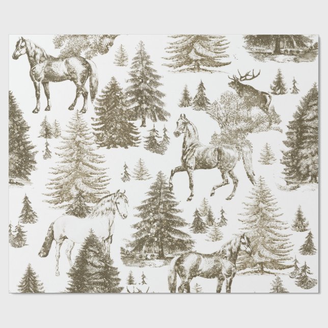 Elegant Vintage White Horses in Snow Woods Toile  Wrapping Paper (Flat)