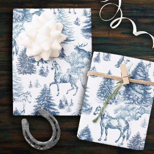 Elegant Vintage White Horses in Snow Woods Toile Wrapping Paper Sheets