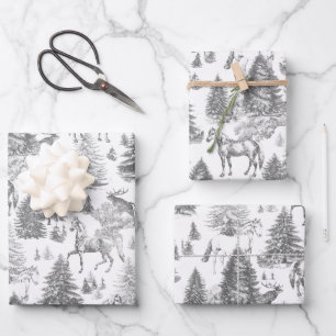 Elegant Vintage White Horses in Snow Woods Toile Wrapping Paper Sheets