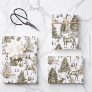 Elegant Vintage White Horses in Snow Woods Toile Wrapping Paper Sheets