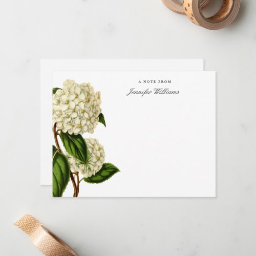 Elegant Vintage White Hydrangea Floral w Name Note Card