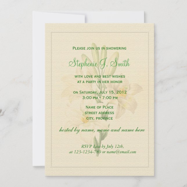 Elegant vintage white lily flowers bridal shower invitation (Front)