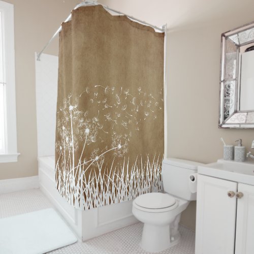 Elegant Vintage White Outline Dandelions in Wind  Shower Curtain