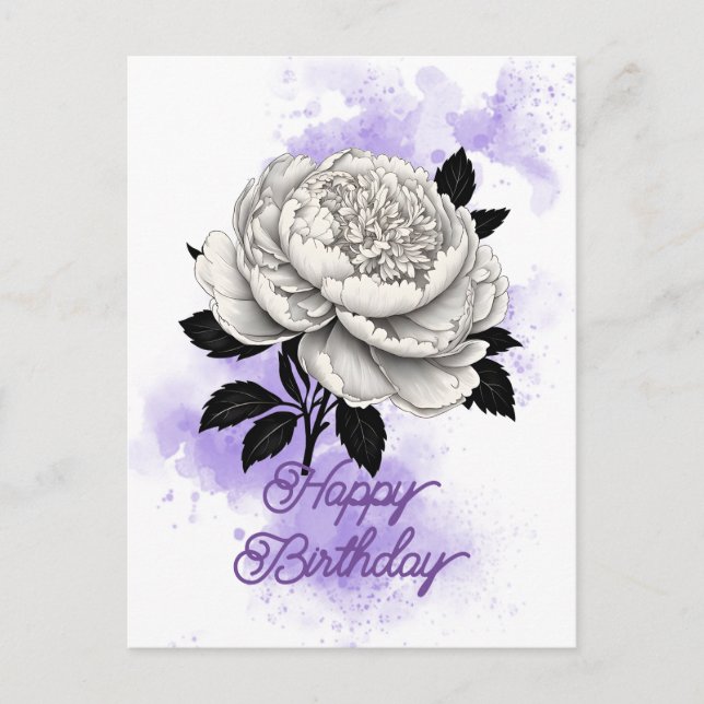 Elegant Vintage White Peony Purple Splash Birthday Postcard (Front)