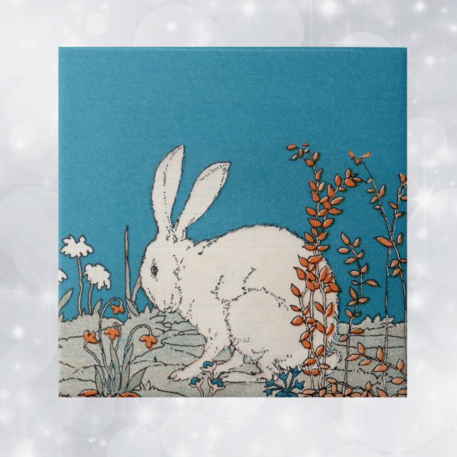 Elegant Vintage White Rabbit Ceramic Tile (Fluffy white bunny sitiing in orange and white flowers on blue decorative ceramic tile.)