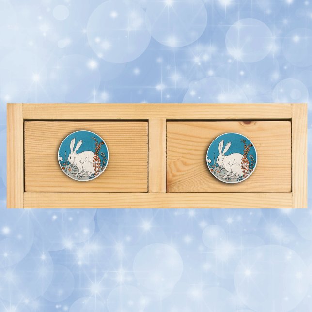 Elegant Vintage White Rabbit Flowers Ceramic Knob (Fluffly white sitting bunny rabbit in flowers on drawer knob pull.)