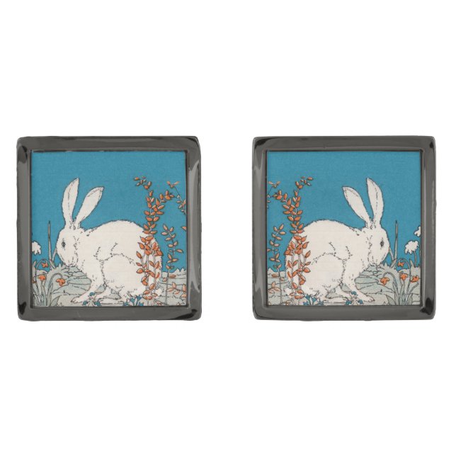 Elegant Vintage White Rabbit Flowers Cufflinks (Front)