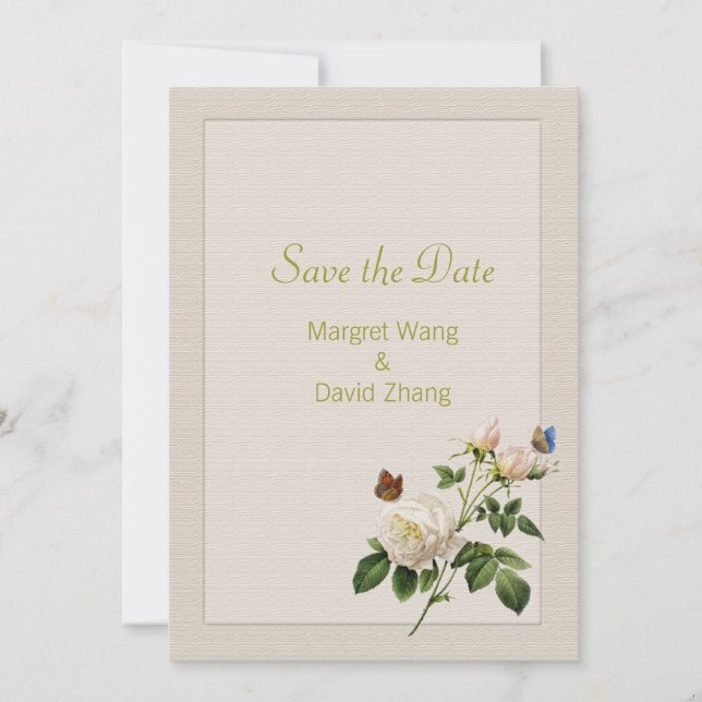 Elegant vintage white rose flower save the date (Front)