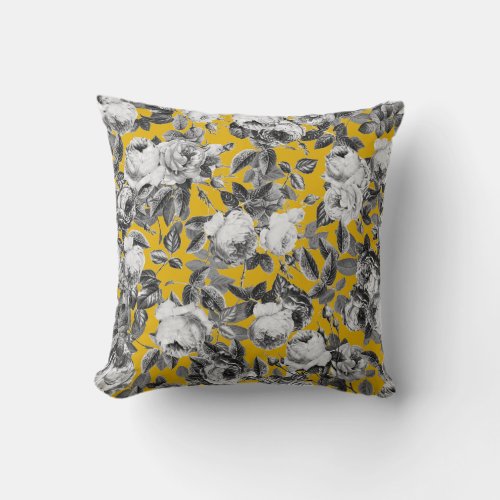 Elegant Vintage White Roses Mustard Yellow Throw Pillow