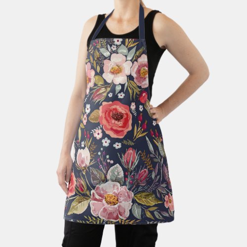 Elegant Vintage Wildflower Navy Blue Floral Apron