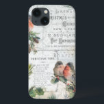 Elegant Vintage Winter Christmas Robins iPhone 13 Case<br><div class="desc">Richly-detailed charming vintage Christmas composition featuring rustic woodland ephemera including robins,  snow-covered boughs of holly and pine,  engraved script,  Christmas-Time poem in engraved birch frame,  and elegant white scrolls and flourishes on distressed light sky blue background.</div>