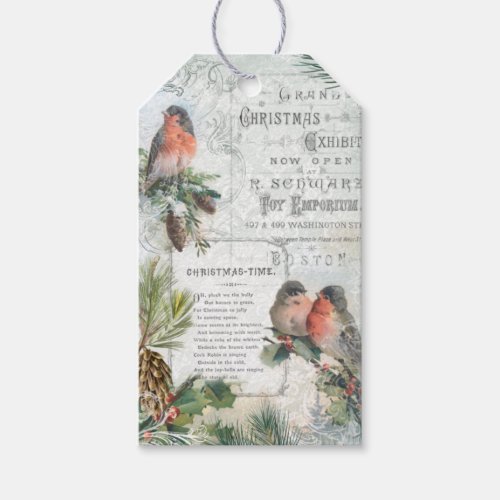 Elegant Vintage Winter Christmas Robins Ephemera Gift Tags