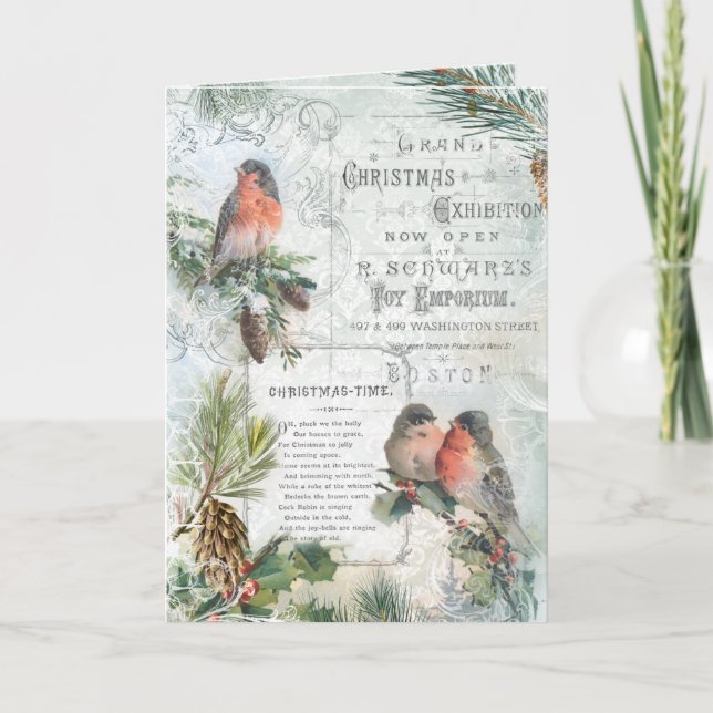 Elegant Vintage Winter Christmas Robins Holiday Card (Front)