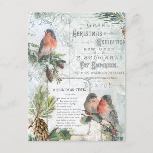 Elegant Vintage Winter Christmas Robins Holiday Postcard