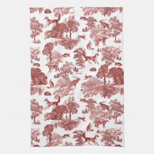 Elegant Vintage Woodland Fox Rabbit Red Toile Kitchen Towel