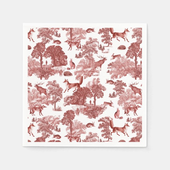 Elegant Vintage Woodland Fox Rabbit Red Toile Napkins (Front)