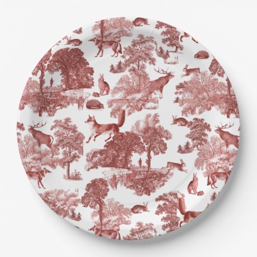 Elegant Vintage Woodland Fox Rabbit Red Toile Paper Plates