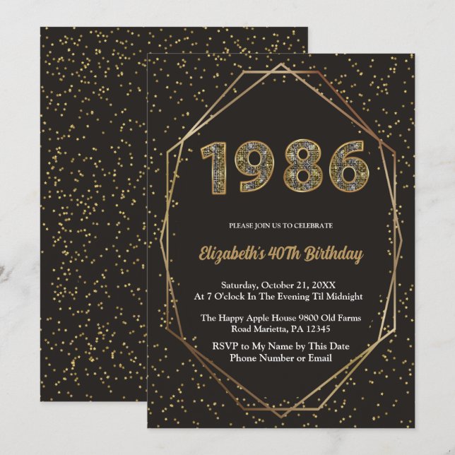 Elegant Vintage Year 1986 40th Birthday Party Invitation (Front/Back)