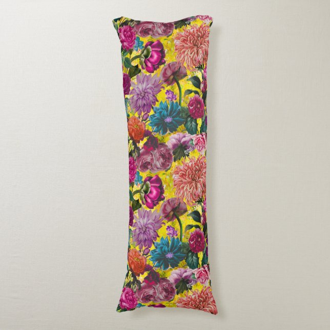 Elegant Vintage yellow Floral monogram Body Pillow (Front Vertical)